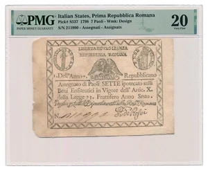 ITALIAN STATES (REPUBLICA ROMANA) banknote 7 Paoli 1798 PMG VF 20 Very Fine - Picture 1 of 7