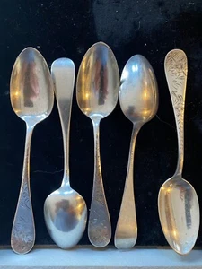 STERLING SILVER SET OF 5 TEASPOONS HAND ETCHED RETAILER HAYMAN & CO. MONO. B - Picture 1 of 2