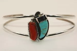 Signed Native American Navajo Sterling Silver Turquoise Claw and Coral Bracelet - Picture 1 of 5