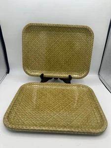 Vintage Gewebtes Bambusmuster Metall Tablett 4er Set Rattankorb Druck Set TV Tabletts - Bild 1 von 7