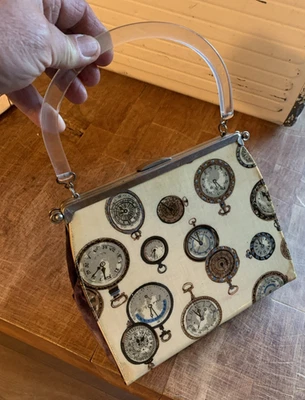 Vintage 1950s 3-Way Reversible Vinyl Clock Clutch Purse Bag Lucite Handle MCM 9" - Image 1 of 4