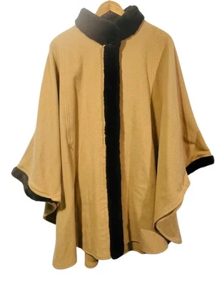 Talbots Womens Camel Tan Cape Wool Cashmere Blend Faux Fur Trim Sz S Petite - Image 1 of 4