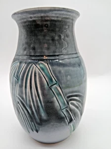 Original Dryden signierte amerikanische Keramik 1990 blau grüne Glasur Vase 8" Bambus - Bild 1 von 10
