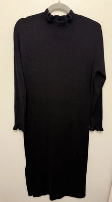 Vestido Suéter LOFT Talla Mediana Negro Midi Simulado Volantes Cuello Invierno Tejido Clásico Foto 1 de 4