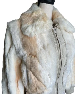 RARE Vtg Rabbit Fur Bomber Jacket Hong Kong Size S Hand Dyed White Tan Stripe - Picture 1 of 16