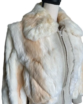 RARE Vtg Rabbit Fur Bomber Jacket Size S Hand Dyed White Tan Stripe Hong Kong - Image 1 of 4