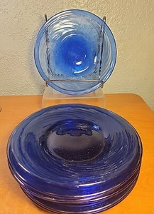 Set of 7 Handblown Cobalt Blue Glass Plates W/ Swirls Made in Mexico 7.5" Diam. - Picture 1 of 10