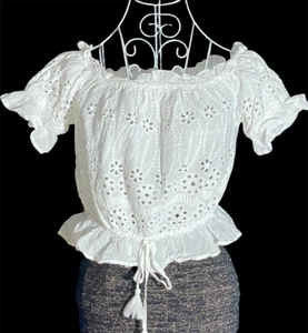 Japna Blouse Women Medium Cropped White Embroidered Ruffle Off Shoulder Size M - Picture 1 of 8
