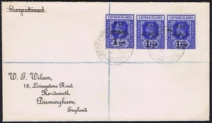 Cayman Islands 1917 strip of three 1 1/2d on 2 1/2d War Stamp to Birmingham - Picture 1 of 2