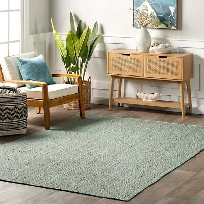 Rug Jute Square Sea Green Carpet Natural Hand Braided Farmhouse Modern Rustic - Image 1 of 4