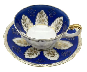 Ucacgo China Demitasse Teacup & Saucer Occupied Japan Cobalt Blue w Gold Leaves - Picture 1 of 11