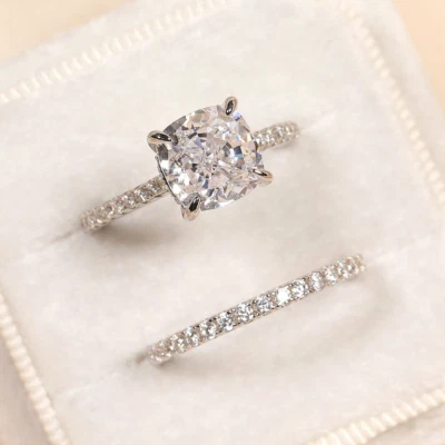 2.56 TCW Cushion Cut Moissanite Bridal Set Engagement Ring 14k White Gold Plated - Image 1 of 4