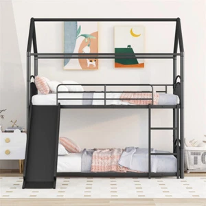 Metal Twin over Twin House Bunk Bed w/Ladder & Slide Kids House Bed Black - Picture 1 of 21