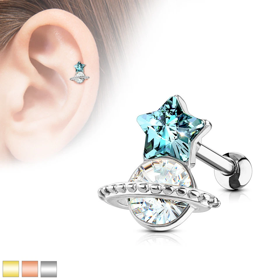 Aqua Star and Planet Surgical Steel Cartilage Tragus Barbell Stud Earring 16G - Image 1 of 1