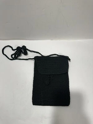 Vintage Black Purse Evening Hand Bag Crochet Crossbody Round Button Hoop Closure - Image 1 of 4