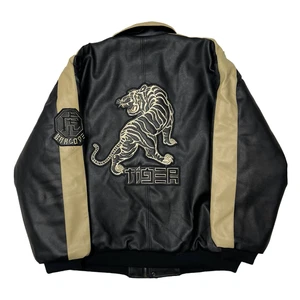 Bar Code Tiger Jacket Mens XL PVC Leather Embroidered Bomber Streetwear Y2K - Picture 1 of 15