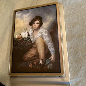 Vintage Bridge Card Game Metal Score Pad Holder - Boy With Rabbit - Picture 1 of 7