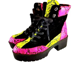 Vivianly Women's Pink & Yellow Snake Print Platform Boots W/Black Velvet Accents - Picture 1 of 11