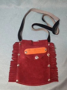 Handmade Red Leather Pouch Canteen Flask Holder w/ Fringes Vintage Skyline Drive - Picture 1 of 13