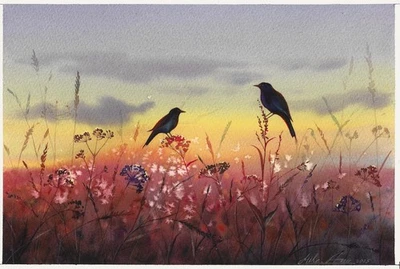 оригинальная картина 20 x 30 см 261DM художественная акварель пейзаж птица закат - Изображение 1 из 4