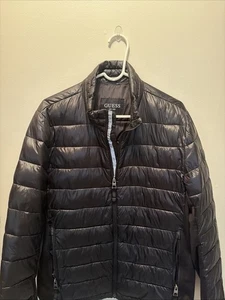 Guess Mens Puffer Insulated Jacket Stretch Side Panels Vintage Size L, Black - Picture 1 of 17