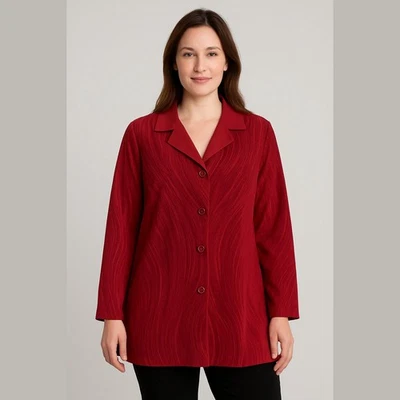 Blusa túnica perejil y salvia roja multi seda texturizada pintuck manga larga plus 1X Foto 1 de 4