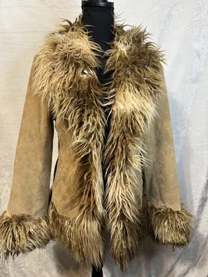 De colección Y2K Mujer’s S Gamuza Cuero Abrigo Borde de Piel Penny Lane Peludo Boho Mob Esposa Foto 1 de 4