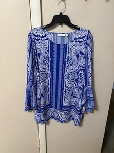 Susan Graver Blue Liquid Knit Bell Sleeve Tunic Top Sz 1X - Picture 1 of 8