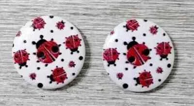 wood lady bug sewing buttons round 2 holes 3/4 inch red #11 2pc - Image 1 of 2