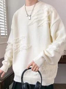 Look Time Life Men's Solid Color Distressed Round Neck Sweater - Picture 1 of 22