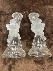 Glass Cherub/Angel Candlestick Pair Vintage Candle Holders Set of 2 - Picture 1 of 9