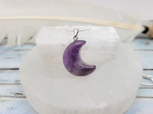 Natural Amethyst Crescent Moon Pendant Necklace: 925 Sterling Silver Snake Chain - Picture 1 of 7