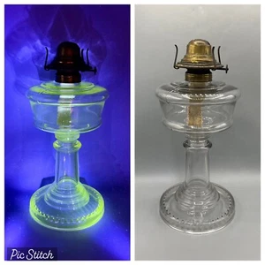 Antique Vintage Clear Manganese Base Oil Lamp Green U.V. Glow with Globe/Chimney - Picture 1 of 14