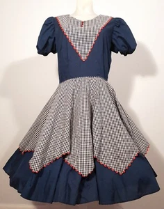 VINTAGE SQUARE DANCE DRESS NAVY BLUE CHECKERED w RED TRIM - Picture 1 of 8