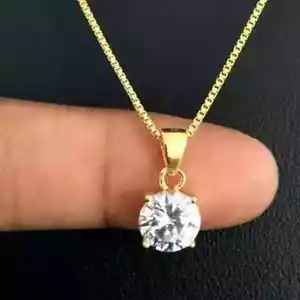 2Ct Round Cut Real Moissanite Women Pendant 14k Yellow Gold Plated 18" Chain - Picture 1 of 5