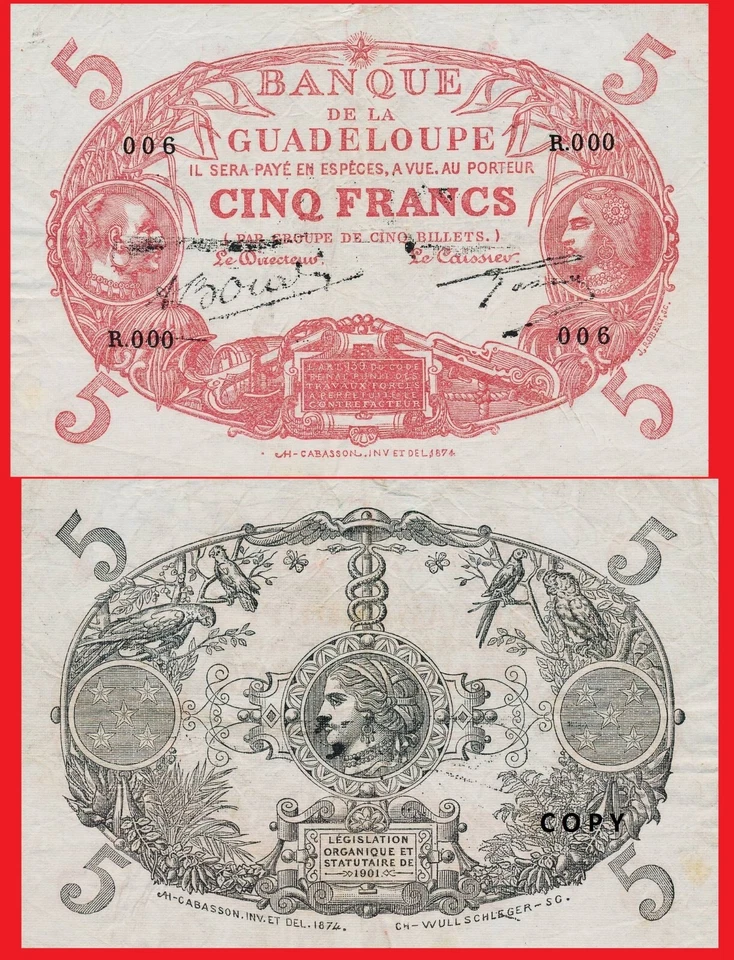 Guadeloupe 5 Francs ND(1945) - Copy  - Image 1 of 1