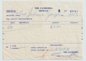 VINTAGE RECEIPT FOR THE CANBERRA HOTEL IN BRISBANE QUEENSLAND TEMPERANCE LEAGUE - Foto 1 di 1