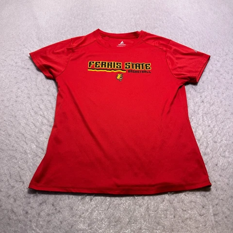 Ferris State Top Womens Medium Red Round Neck Short Sleeve Shirt Polyester Blend Cover