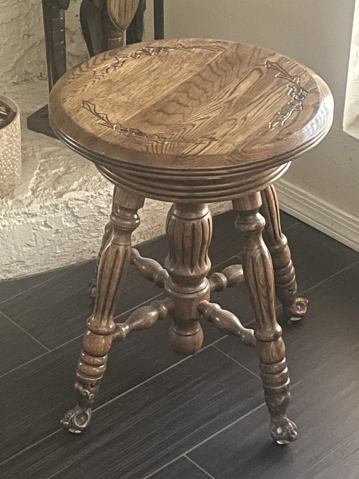 Piano Stool Marble Ball Claw Foot Wood Carved Antique Adjust Spin Seat 18 to 24” - Image 1 of 4