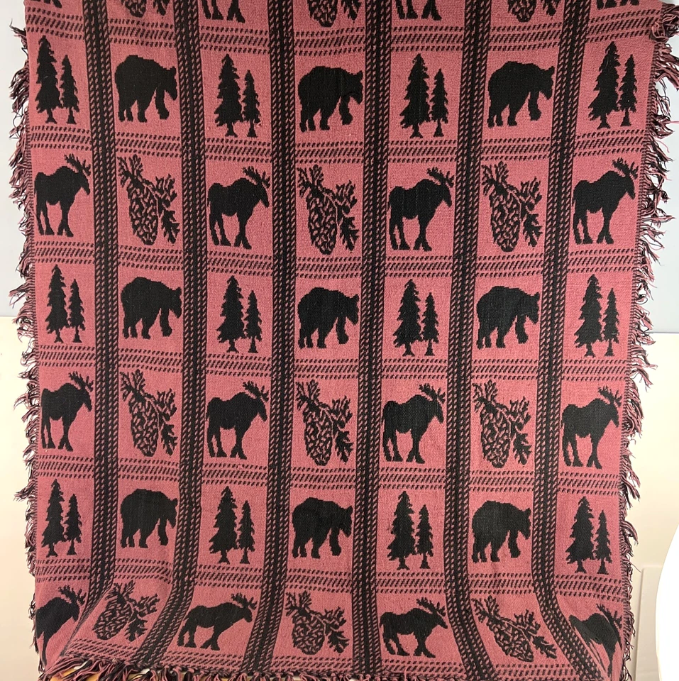 Bear Moose Throw Blanket Adirondack Rustic Cabin Decor Maroon Black Silhouettes - Image 1 of 4