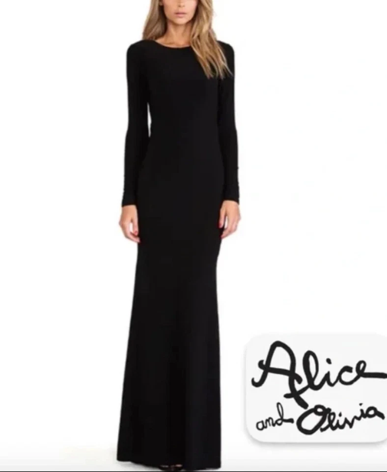 Maxi Vestido Alice + Olivia Air Talla 6 Cuero Malla Borde Jersey Manga Larga Negro Foto 1 de 4