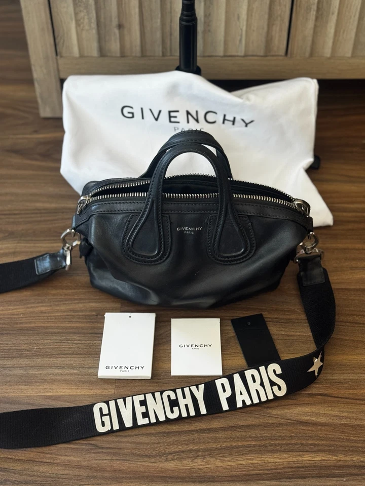Mini bolso de mano ruiseñor de cuero negro Givenchy con etiquetas, correa con logotipo, bolsa antipolvo Foto 1 de 4