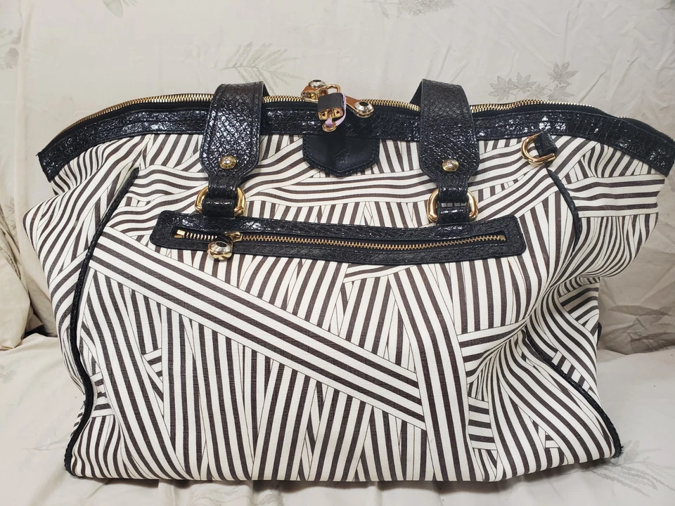 Henri Bendel West 57th Stripe Brown White Weekender Duffel Tote Bag Good Cond - Image 1 of 4