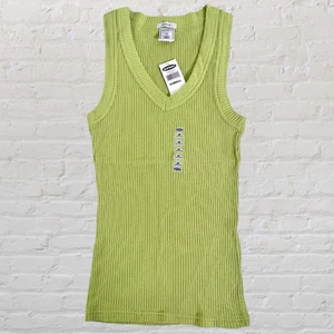 Y2K Old Navy Chunky Ribbed Tank Top Size Women's XS Green V Neck Stretch NWT - Picture 1 of 7