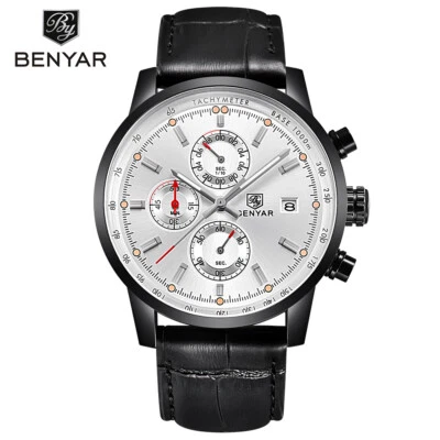 Relógio de pulso masculino BENYAR data cronógrafo pulseira de couro quartzo militar caixa BY-5102 - Imagem 1 de 4