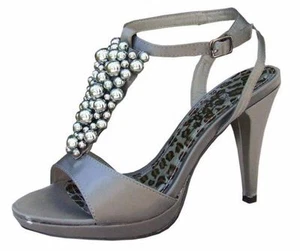 Ladies Wedding Party Heeled Evening Shoes Sandals Diamante Dark Grey Pewter NEW - Picture 1 of 1