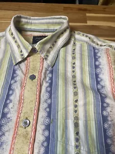 Indigo Palms Shirt Mens Medium Multi Floral Stripes Long Sleeve Button Up - Picture 1 of 12