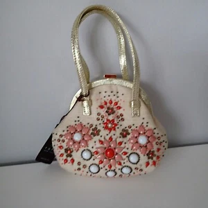 Rafe New York Beaded Rhinestone Evening Purse handle Bag gold tan floral red - Picture 1 of 13