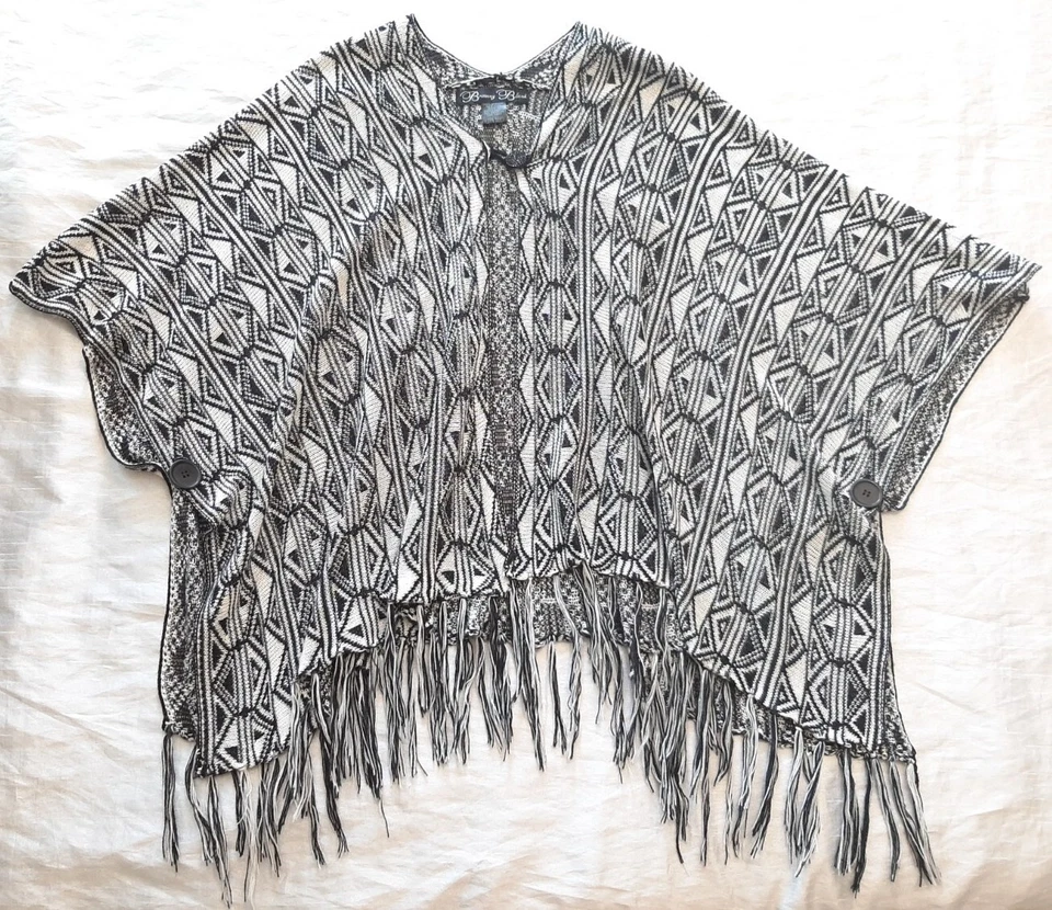 VTG Brittany Black OS Knit Poncho Cardigan Sweater Fringe Trim B&W Aztec Boho - Image 1 of 4
