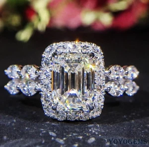 3 CT Moissanite Halo Engagement Ring Emerald Cut Solid 14K White Gold For Women - Picture 1 of 14